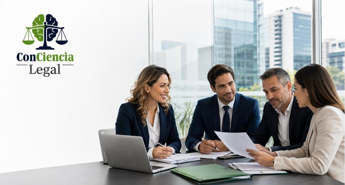 Equipo de ConCiencia Legal reunido con clientes en una oficina